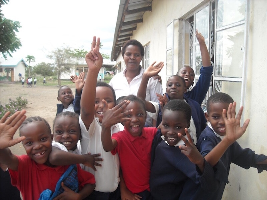 teacher with excited students